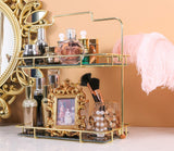 Z PLINRISE Makeup Organizer, 2 Tier Bathroom Cosmetic Storage Shelf for Dresser and Countertop, Decorative Wire Vanity Organizer Basket with Marbling Glass Tray, Gold