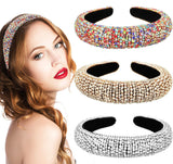 Rhinestone Padded Headband Bejewelled Statement Headband, Diamond Crystal Beaded Headband Wide Glitter Velvet Padded Hairbands for Women Girls Party Hair Accessories(Gold, Silver, Rainbow)