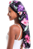 Extra Large Silk Bonnet for Women Double-Layer Satin Sleep Cap for Curly Natural Frizzy Hair (Long, A-Purple-Flower)