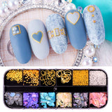 VoiceFly 60 Grids 3D Nail Art Supply Decorations Studs, Nail Micro Caviar Beads Gold Charms, Irregular Seashell Slices Metal Nail Chain Jewels Heart Rivet Pearl Gems for Fingernails & Toenails Decor