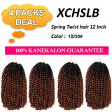4 Packs 12 Inch Spring Twist Crochet Hair Synthetic Bomb Twist Crochet Braids Fluffy Braiding Hair Extensions (1B/30#)