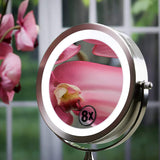 Ovente Table Top Makeup Mirror 7 Inch 1X, 8X Full View Magnification Cool White LED Lights, Distortion Free Design, Double-Sided, Battery Powered and 360 Degrees Rotation Nickel Brushed MDT70BR1X8X