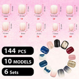 144 Pieces 6 Boxes Short Square False Nails Gradient Color Fake Nails Full Cover False Nails Press on Glossy Artificial Nails for Nail Salon Art DIY Decoration Supplies (Classic Pattern)
