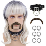 Men's Costume Wig + 6 Earrings + Mustache + 2 Circles Black Choker