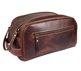 10" Premium Leather Toiletry Travel Pouch With Waterproof Lining | King-Size Handcrafted Vintage Dopp Kit By Aaron Leather Goods (Walnut - Dual Zipper)