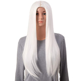 Onedor 31 Inches Long Straight White Synthetic Hair Women Full Head Cosplay Wig with Wig Cap (1001 - White)