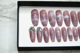 Impressed Luxury Press on Nails 24 pcs Long Fake Coffin Nail Tips Pink Marble Rhinestone Design False Nails with Adhesive Nail Glue Tabs (Pink Marble)