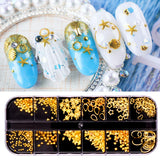 VoiceFly 60 Grids 3D Nail Art Supply Decorations Studs, Nail Micro Caviar Beads Gold Charms, Irregular Seashell Slices Metal Nail Chain Jewels Heart Rivet Pearl Gems for Fingernails & Toenails Decor