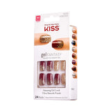 Kiss (1) Pack Gel Fantasy Ready-To-Wear Gel Nails 24pc - Burgundy with Gold Glitter & Confetti - Medium Length Square Shape - Rush Hour #76029