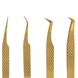 M LASH Set Of 4 Diamond Grip Eyelash Extensions Tweezers V2 - Japanese Steel Lash Supply (Gold)