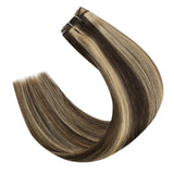 YoungSee 16inch Weft Human Hair Extensions Dark Brown Highlight with Caramel Blonde Human Hair Weft Extensions Sew in Highlight Human Hair Extensions Hand Tied Human Hair Extensions 100grams