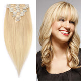 S-noilite Clip in Hair Extensions Real Human Hair Blonde 8pcs 18 Clips 90g Full Head Clip on Human Hair Extension Soft Straight For Women (14 16 18Inch, 613 Bleach Blonde)