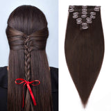 S-noilite 16 18 20inch Clip in Human Hair 8 Pieces Full Head Thick Straight Ombre Clip in Hair 100g Dark Brown Grade 7A Long Clip Hair Extension 100% Remy Hair #2