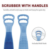 Body and back brush, 100% Silicone, [106 cm or about 40 in] in length, soft bristles, lathers well, long belt size, multiple colors, free hanger included (Blue)