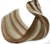 20 In Clip in Hair Extensions 70G Light Brown to Blonde Highlights 100% Remy Human Hair Extensions 7A Soft Silky Straight 7pcs 16clips for Women(20 Inch #6P613)