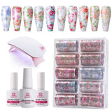 Makartt Nail Art Foil Glue Gel for Foil Stickers with Mini Led Lamp Nail Transfer Tips Manicure Art DIY 15ML, 10PCS (4cm100cm) Rose Flowers Stickers, Base Top Coat Soak Off
