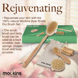 Mockins Natural Boar Bristle Body Brush Set with Detachable Cellulite Massage Brush and Long Wooden Handle for Dry Brushing Perfect Kit to Exfoliate and Get Rid of Cellulite - Gift Set