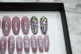 Impressed Luxury Press on Nails 24 pcs Long Fake Coffin Nail Tips Pink Marble Rhinestone Design False Nails with Adhesive Nail Glue Tabs (Pink Marble)