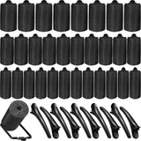 40 Pieces Satin Cloth Foam Rollers Set, Hair Rollers Hair Perm Rods 3 Size Hair Curlers with Plastic Duck Teeth Hair Clips for Hairdressing Styling (Black)