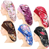 6 Pieces Extra Large Satin Bonnet Sleep Cap Night Hat Soft Satin Sleeping Cap 2.36 Inch Elastic Wide Band Hat for Girls Natural Hair, 6.5 Inch in Diameter, 6 Flower Patterns