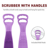 Body and back brush, 100% Silicone, [106 cm or about 40 in] in length, soft bristles, lathers well, long belt size, multiple colors, free hanger included (Purple)