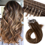 S-noilite Micro Loop Human Hair Extensions Balayage 22Inch 50g 50strands Micro Link Ring Remy Hair Extension Pre Bonded Microlink Tipped Hairpieces #4/27 Medium Brown/Dark Blonde