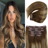 Vivien Remy Brown Clip in Hair Extensions 12 inch Dark Brown Highlighted Honey Blonde Ombre Human Hair Extensions Clip in Hair 70g 7pcs Remy Thick End Natural Clip Human Hair Extensions