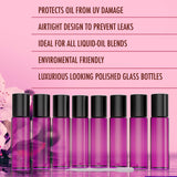 Essential Oil Roller Bottles [Metal Chrome Roller Ball] FREE Plastic Pippette, Funnel and Bottle Opener Refillable Glass Color Roll On for Fragrance Essential Oil - 10 ml 1/3 oz (8 PACK, PURPLE)