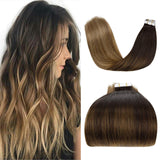 LaaVoo Tape in Human Hair Extensions Balayage Dark Brown to Medium Brown with Golden Blonde Tape in Real Hair Extensions Brown Balayage Remy Hair Extensions Tape in Extensions Brown 20pcs 50g 14”