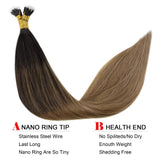 LaaVoo Balayage Brown Nano Tip Hair Extensions Real Hair 16" Off Black Fading to Light Brown and Light Golden Brown Invisible Natural Human Hair Brazilian Nano Human Hair Extensions 1g/s 50g Per Pack