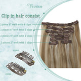Human Hair Clip in Extensions Blonde 18 inch Vivien Highlight Light Brown to Platinum Blonde Full Head Remy Human Hair Clip in Human Hair Extensions Double Weft Thick Ends 7pcs 120g