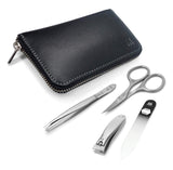 GERMANIKURE 4pc Travel Manicure Set - FINOX Stainless steel tools handmade in Solingen Germany: Nail clipper, Cuticle scissor, Tweezer, Glass Nail file in Leather Case