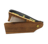 GBS Mens Hair Care Set - Wood Style Folding Comb All Fine + Black Wood Beard Brush Synthetic Bristle + Pouch Promotes Hair Growth Naturally Use for Head Hair or Beard. Made w/Natural Wood