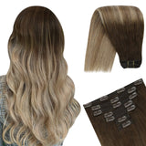 Human Hair Clip Hair Extensions, Balayage Hair Clip in Double Weft Hair Extensions with 7pcs Invisible Clips Full Head on Hair Extensions Clip in Remy Hair 16in 7pcs 100g