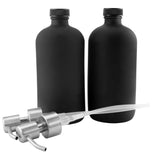 16oz Black Glass Bottles w/Stainless Steel Pumps (2-Pack); Black Coated Boston Round; Lotion, Hand Care & Soap Dispensers