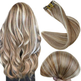 Fshine Clip in Hair Extensions 14 Inches Color 10 Golden Brown and 613 Yellow Blonde Highlighted 100 Grams 7 Pieces Real Hair Extensions Remy Clip on Extensions