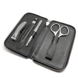 GERMANIKURE 4pc Travel Manicure Set - FINOX Stainless steel tools handmade in Solingen Germany: Nail clipper, Cuticle scissor, Tweezer, Glass Nail file in Leather Case