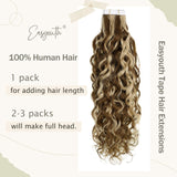 Easyouth Tape in Curly Hair Extensions Human Hair Natural Wave Hair Highlight Color Chocolate Brown Mixed Honey Blonde Hair Extensions Natural Wave 16 Inches 50g 20Pcs