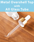 1 oz / 30 ml Frosted Clear Glass Boston Round Bottle with Gold Metal and Glass Dropper (4 pack) + Funnel