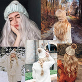 XBwig Beanie Hat With Hair Wigs For Women 20 inch Long Curly Wavy Synthetic Detachable Wig Warm Soft Ski Knitted Winter Cap With Black Pom Pom Dark Brown -Beige Hat