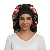 Double Layer Satin Large Bonnet Sleep cap Sliky bonnet Wide Elastic Band for Curly,Natural,Long Hair (Large size, Large black flower)