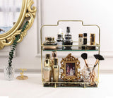 Z PLINRISE Makeup Organizer, 2 Tier Bathroom Cosmetic Storage Shelf for Dresser and Countertop, Decorative Wire Vanity Organizer Basket with Marbling Glass Tray, Gold