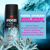 AXE Dual Action Body Spray Deodorant for Long Lasting Odor Protection Cool Ocean All Day Fresh Scent Mens Formulated Without Aluminum 4 oz