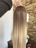 24" Thick Long Straight Wavy Clip in on Ombre Half Head Wig No Front Parting (24" Straight-Light brown to sandy blonde)