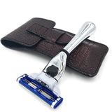 Parker Safety Razor's Chrome Handle Travel Razor (Accepts Mach 3 Cartridges Blades) - Genuine Leather Case Included