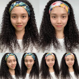 HeadBand Wig Curly Human Hair Wig for Black Women Deep Wave Machine Made Wigs Natural Color None Lace Front Wigs 150% Density 16 Inch