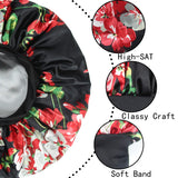 Double Layer Satin Large Bonnet Sleep cap Sliky bonnet Wide Elastic Band for Curly,Natural,Long Hair (Large size, Large black flower)