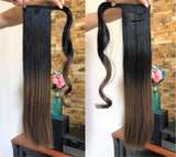 20" 22" Long One Piece Straight Curly Wavy Clip in Wrap around Ombre Ponytail Hairpieces (22" Straight-Natural black/chocolate brown)