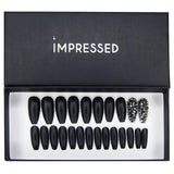 Impressed Luxury Press on Nails 24 pcs Long Fake Coffin Nail Tips Matte Black Rhinestone Design False Nails with Adhesive Nail Glue Tabs (Matte black)