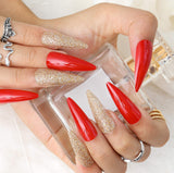 Blufly 24Pcs Glossy Red Frosted Press on Nails Stiletto Glitter Sequins Fake Nails Geometric Acrylic Ballerina False Nails Tips for Women and Girls